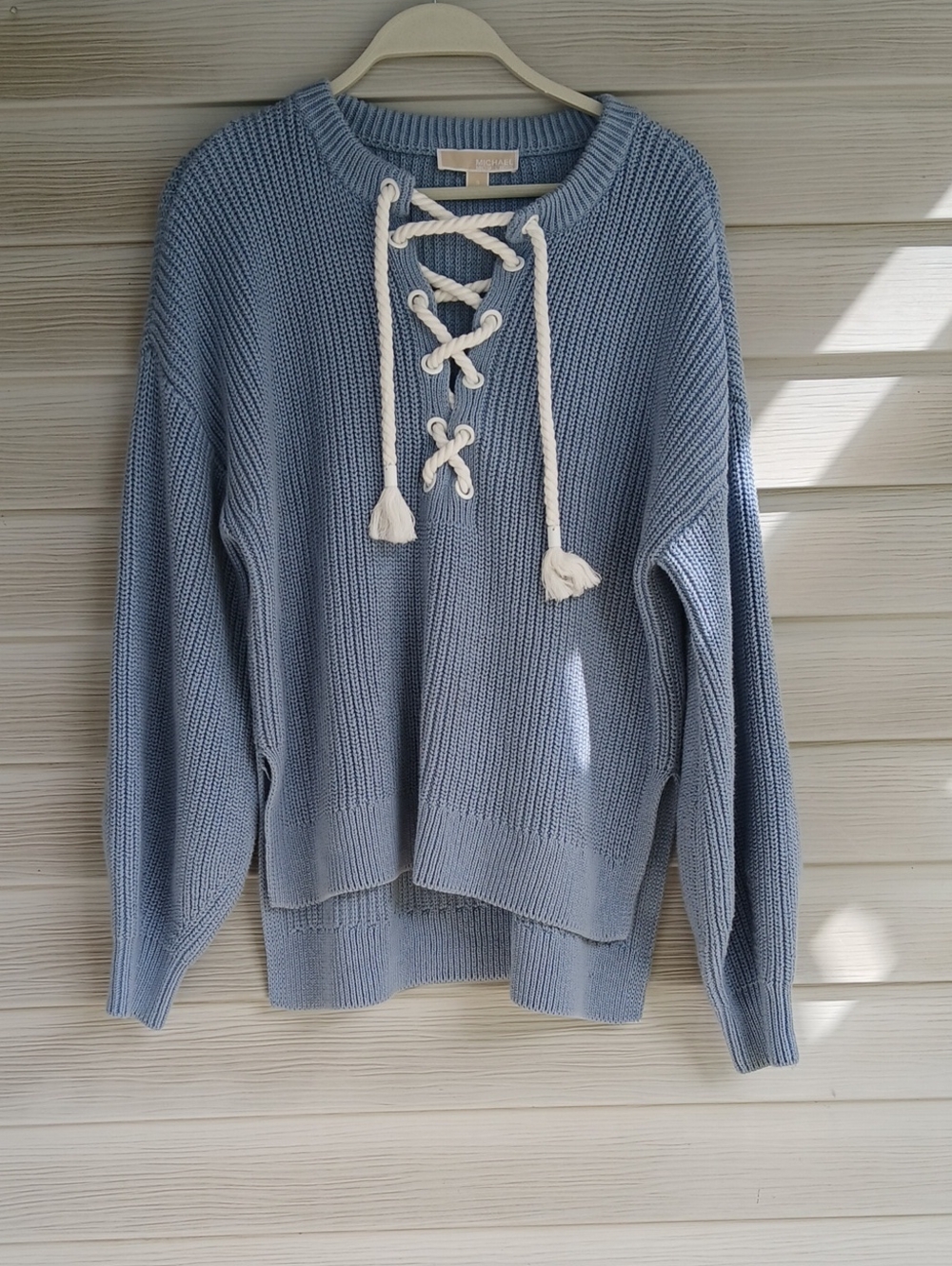 Michael Kors Light Blue Lace-Up Knit Crewneck Sweater, Cotton